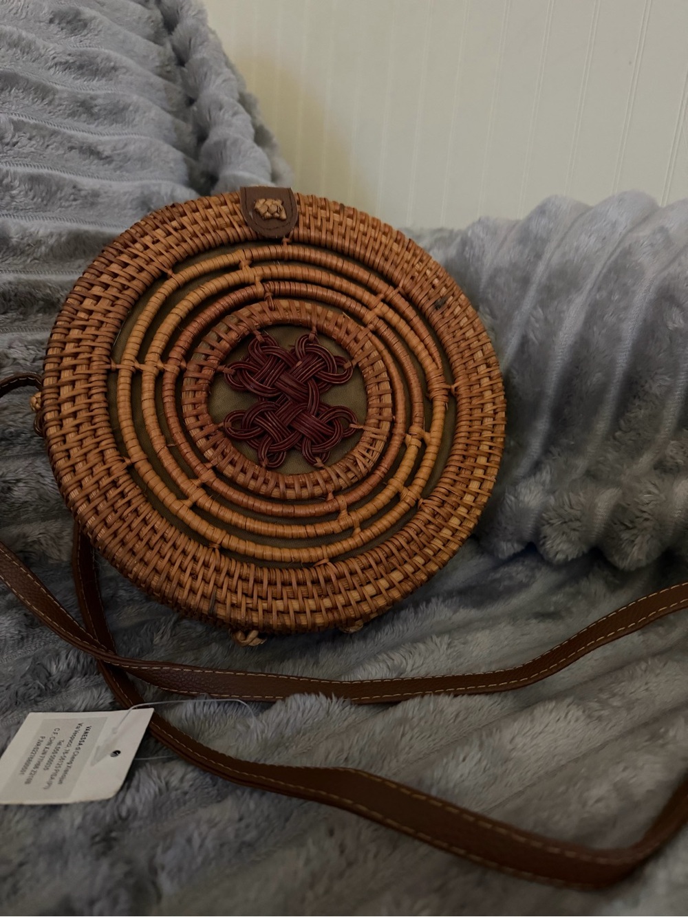 Round Woven Rattan Crossbody Bag in Brown